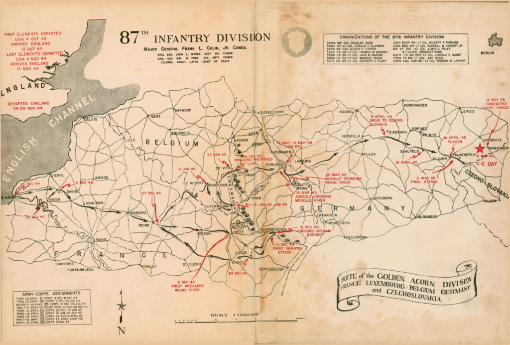 Map of the route of the 87th Division across Europe, from December 1944 to May 1945
