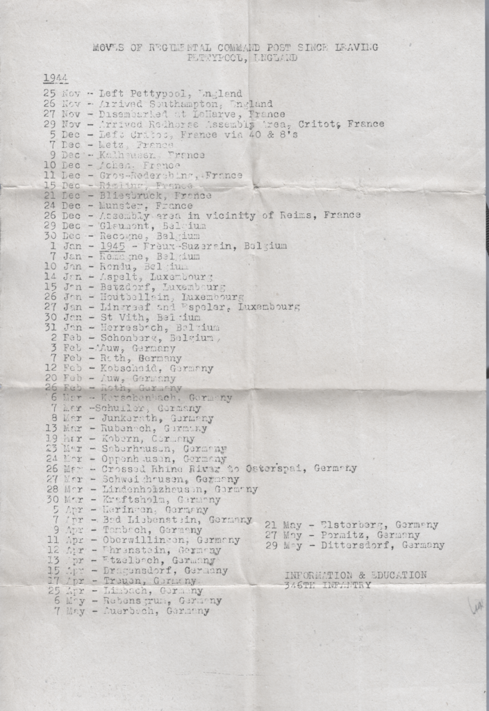 Document showing moves of the 346th Regiment command